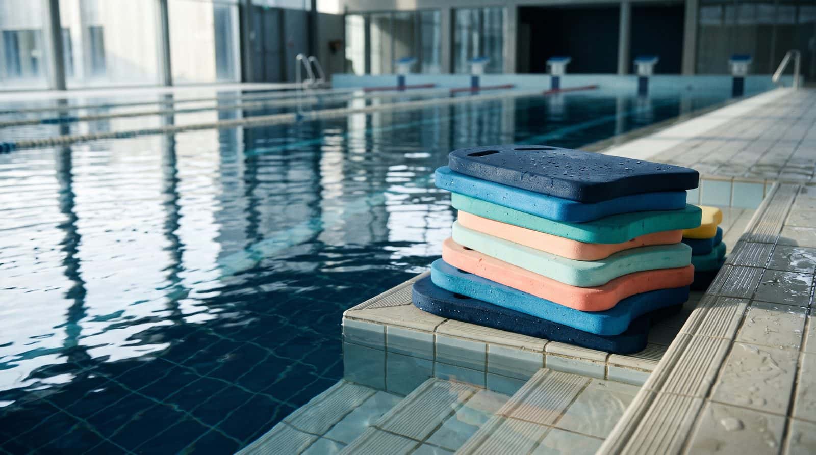 Stack of colored kickboards at the edge of an indoor pool