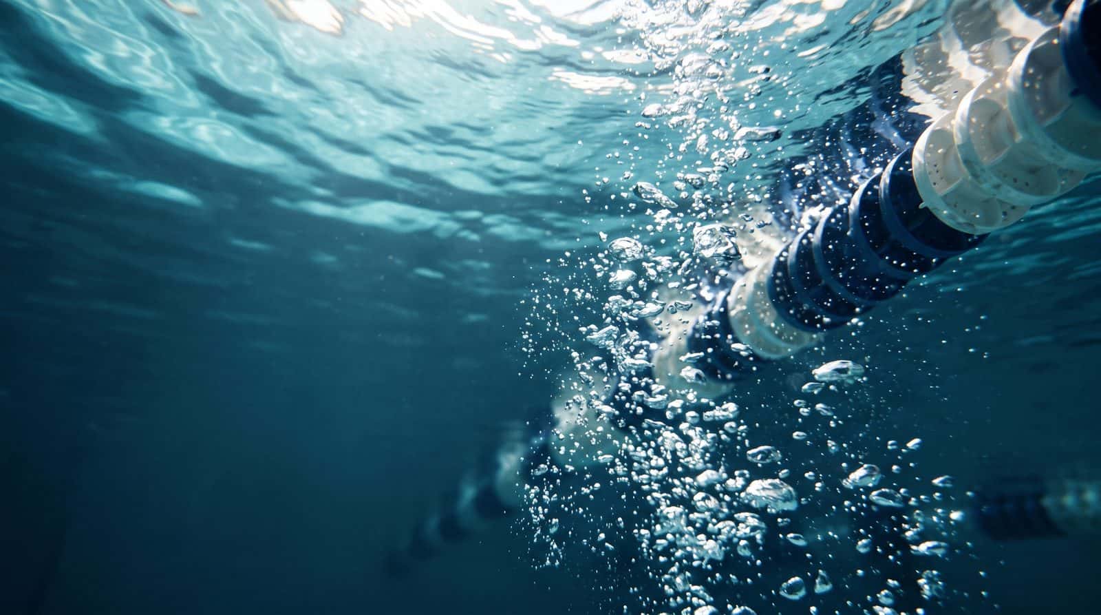 Underwater view of bubbles beside a lane rope