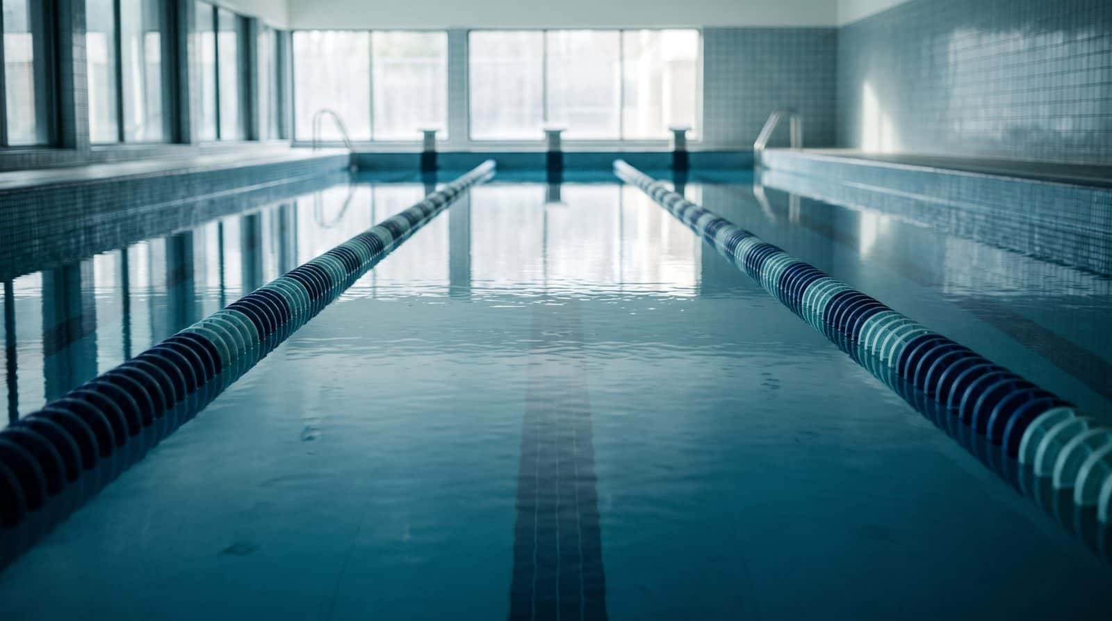 Empty indoor pool with lane ropes