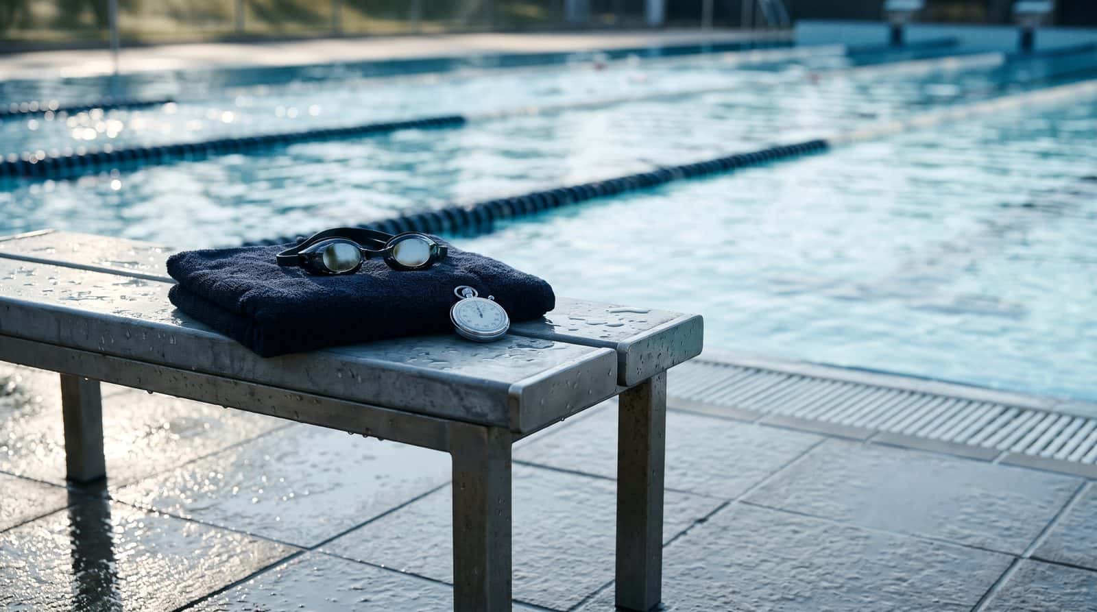 Towel, goggles and stopwatch on a bench by the pool