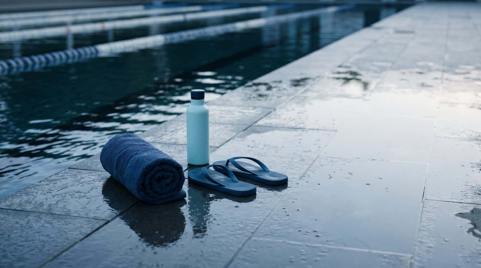 Towel, water bottle and flip-flops on a wet pool deck